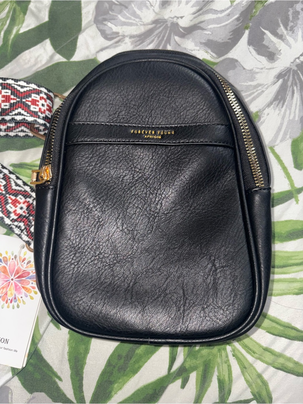 Forever Young Black Leather Belt Bag with Patterned Strap
